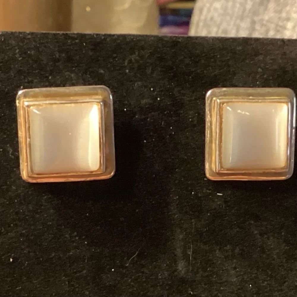 White Mother of Pearl Goldtone Bezel Set Square Earrings